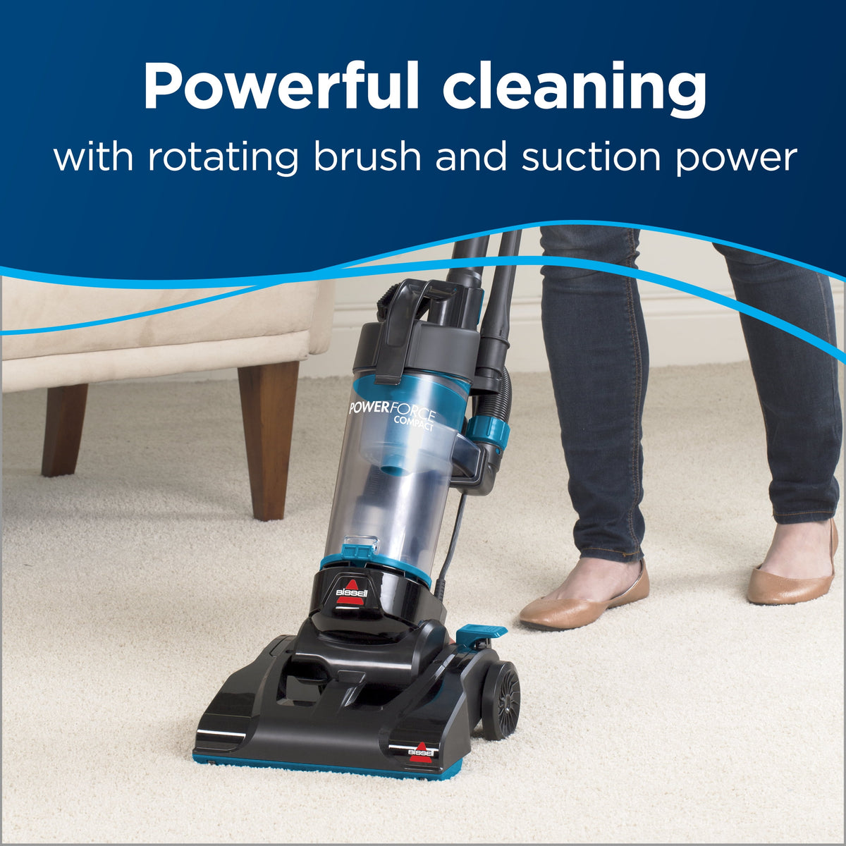 BISSELL PowerForce Compact, Bagless, Upright Vacuum, Lightweight, Powerful Suction, High Reach Wand, Hard Floor and Carpet, 2112, Blue & Black