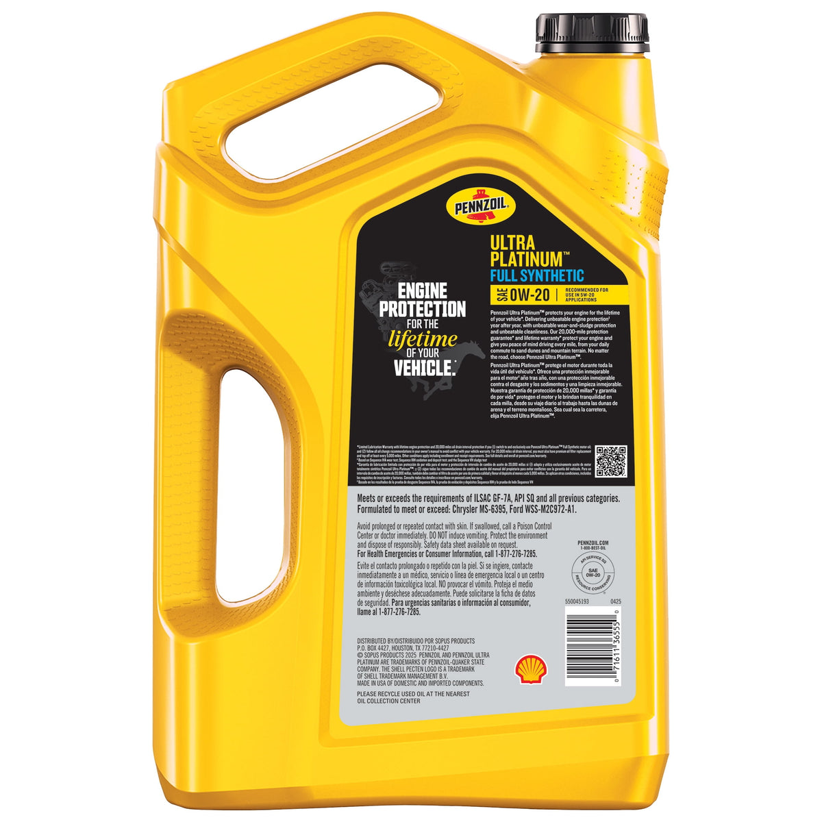 Pennzoil Ultra Platinum Full Synthetic 0W-20 Motor Oil, 5 Quart