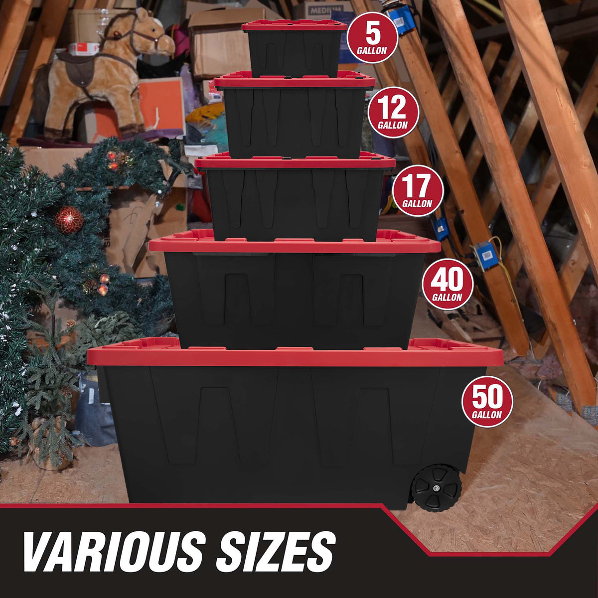 Hyper Tough 12 gal Snap Lid Storage Bin, Black and Red, Pack of 4