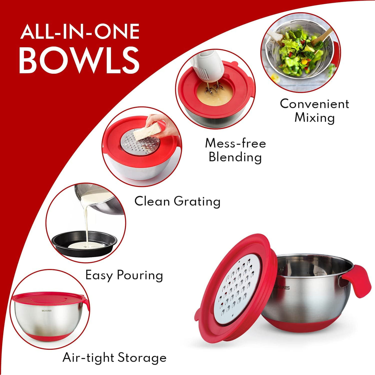 Mixing Bowls with Lids Set of 3, Stainless Steel Nesting Bowls with Red Airtight Lids, Graters, Non-Slip Base and Handles, Bowl Set for Prep, Mixing, and Food Storage
