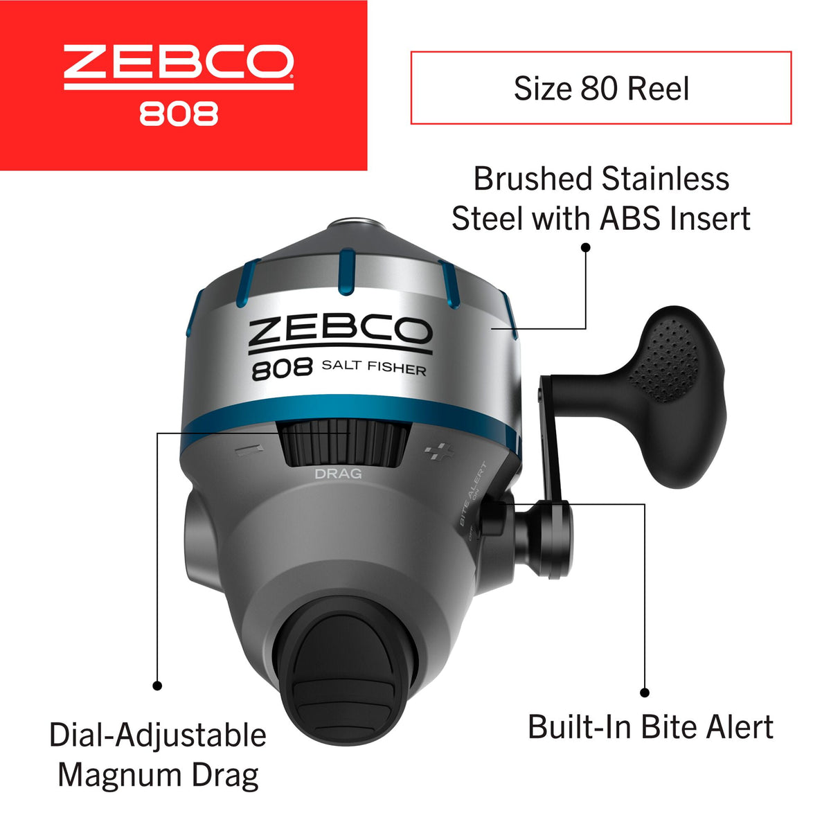 Zebco 808 Saltfisher Spincast Fishing Reel, Size 80 Reel, Stainless Steel Ball Bearing Drive, (Clam Packaging)