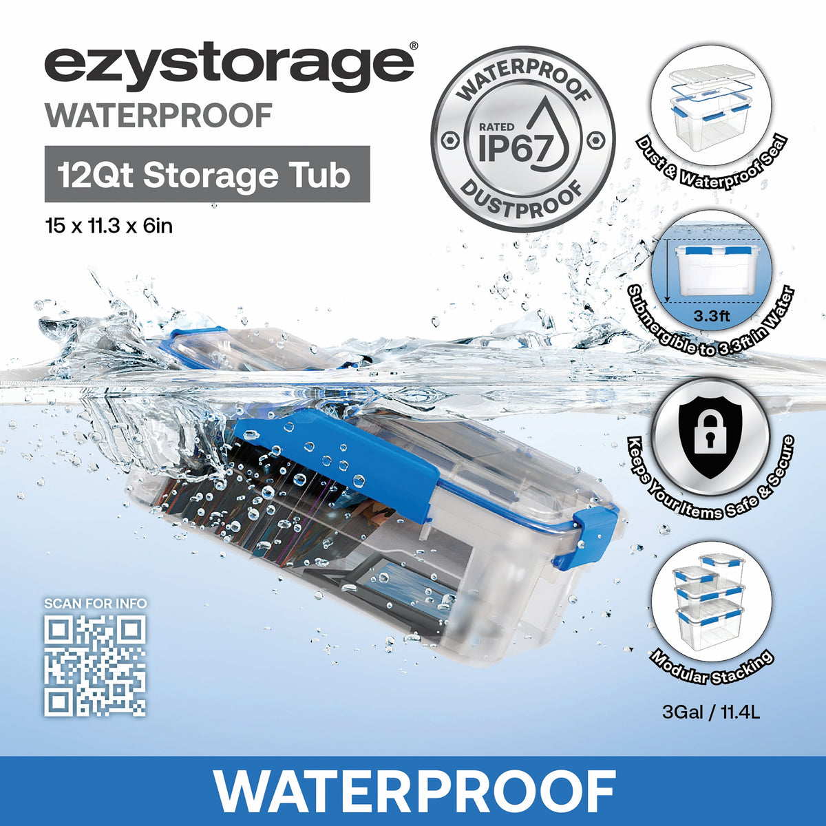6 Pack - Ezy Storage Waterproof 3Gal/12Qt/11.4L Storagee Box IP67