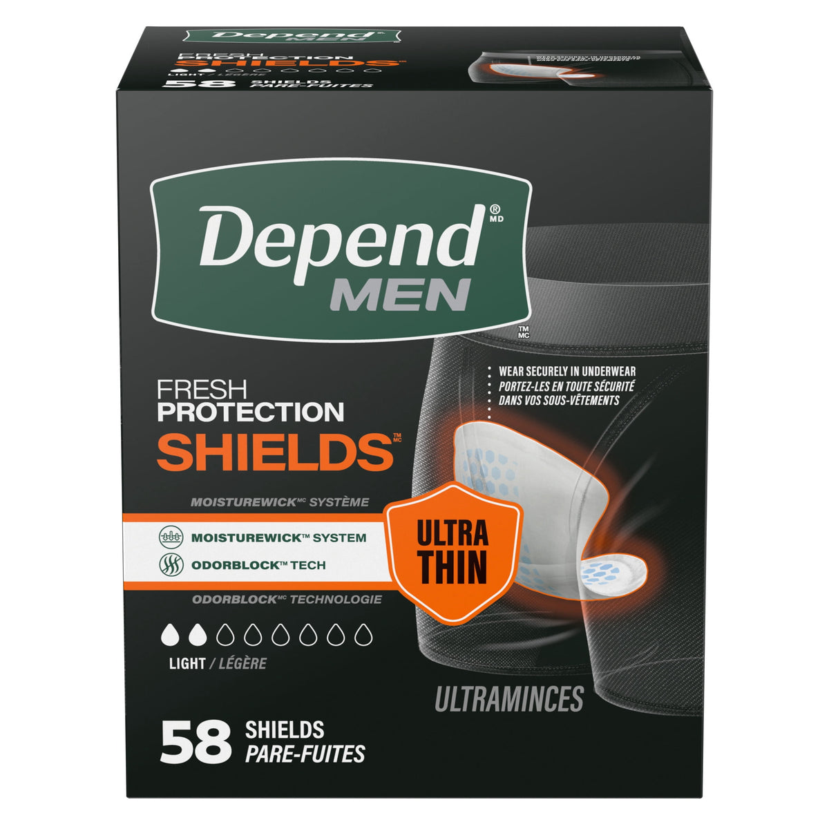 (3 pack) Depend Shields Incontinence Pads for Men, Light Absorbency, 58 Count