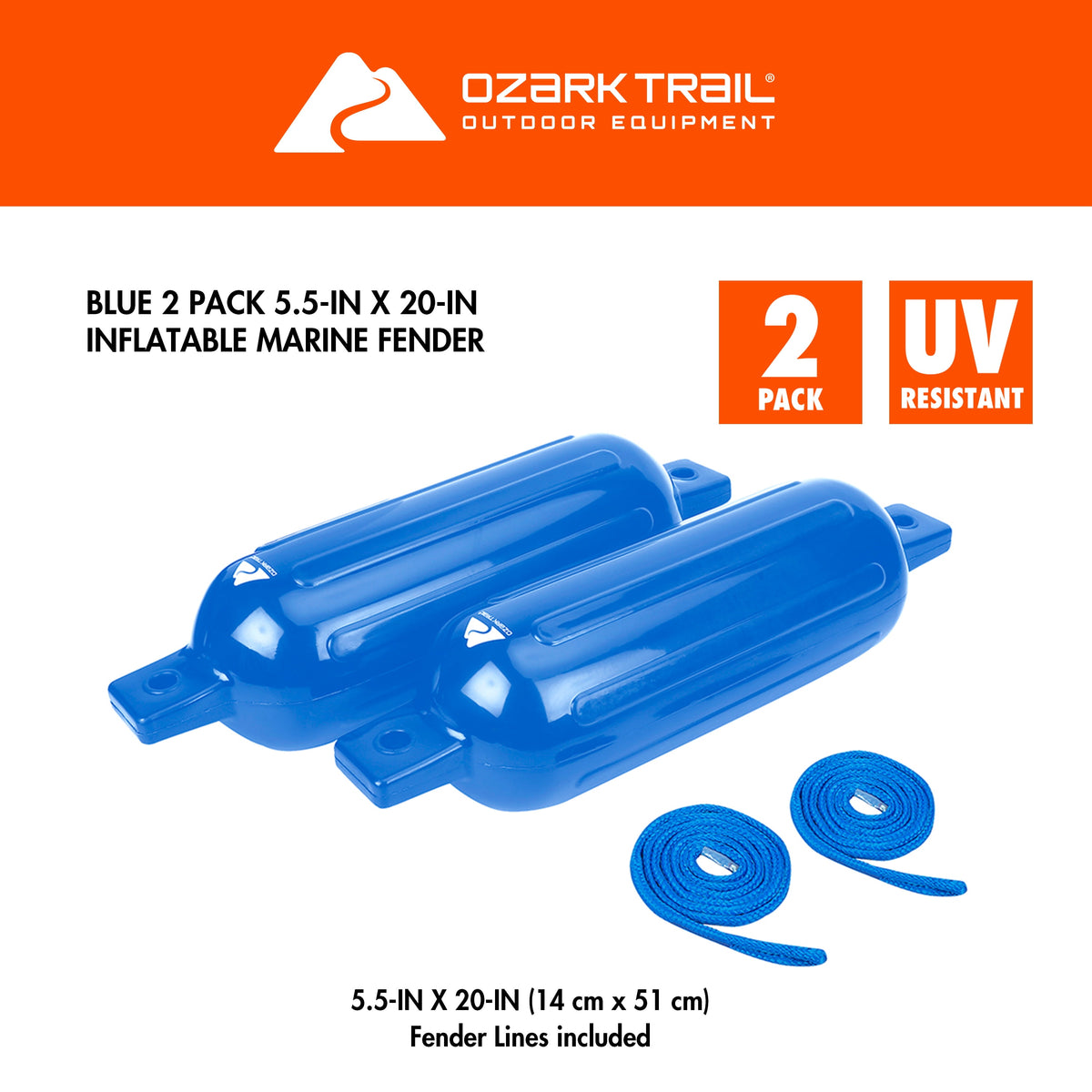Ozark Trail Inflatable Boat Fenders 2-Pack, Blue 5.5x20 Inches with Fender Lines
