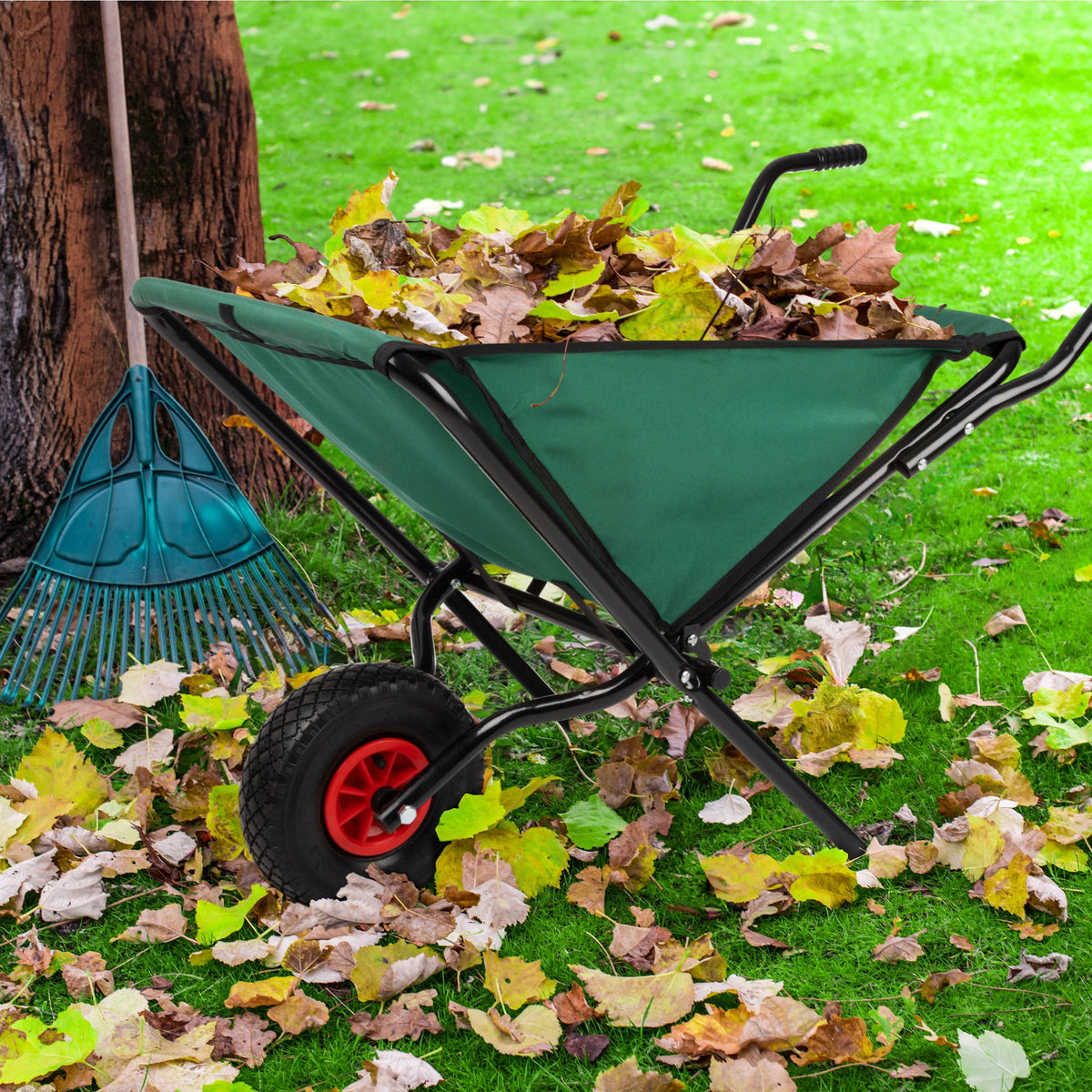 Pure Garden Folding Wheelbarrow with 80lb Capacity and Storage Pouches