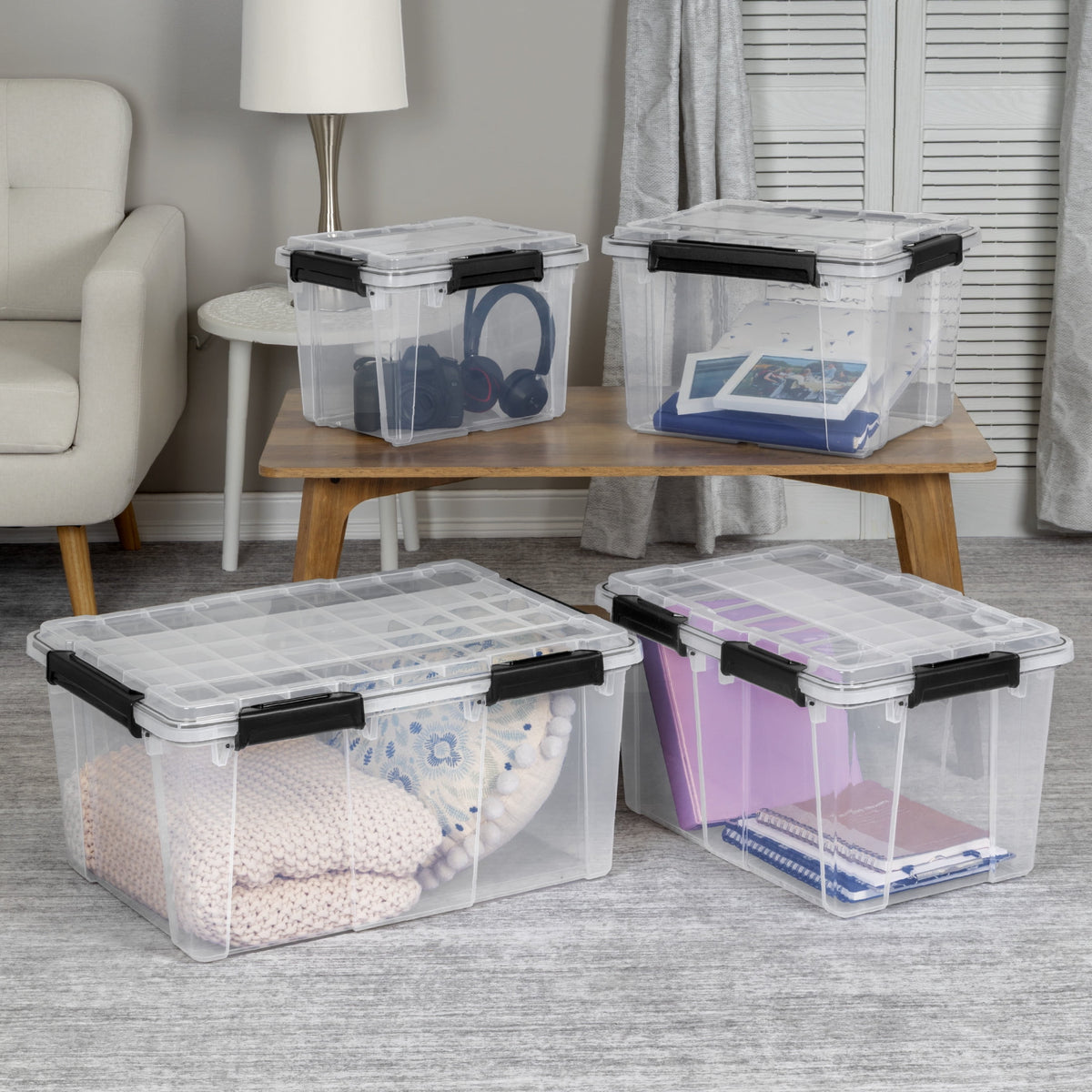 (3 pack) Sterilite Small Gasket Box, 19 Quart IP68 WaterProof Clear Plastic Storage Bin with Lid, Gasket Seal and Durable Latches, Black