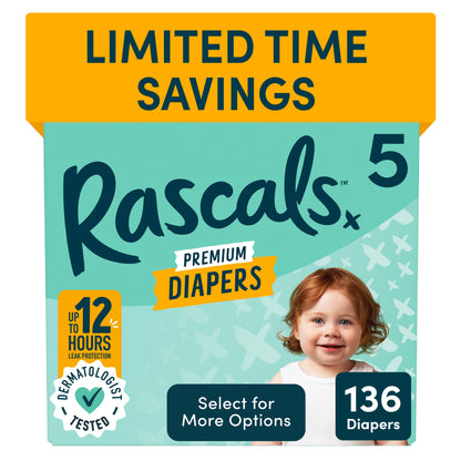 Rascals Premium Absorbent Baby Diapers Size 5, 136 Count