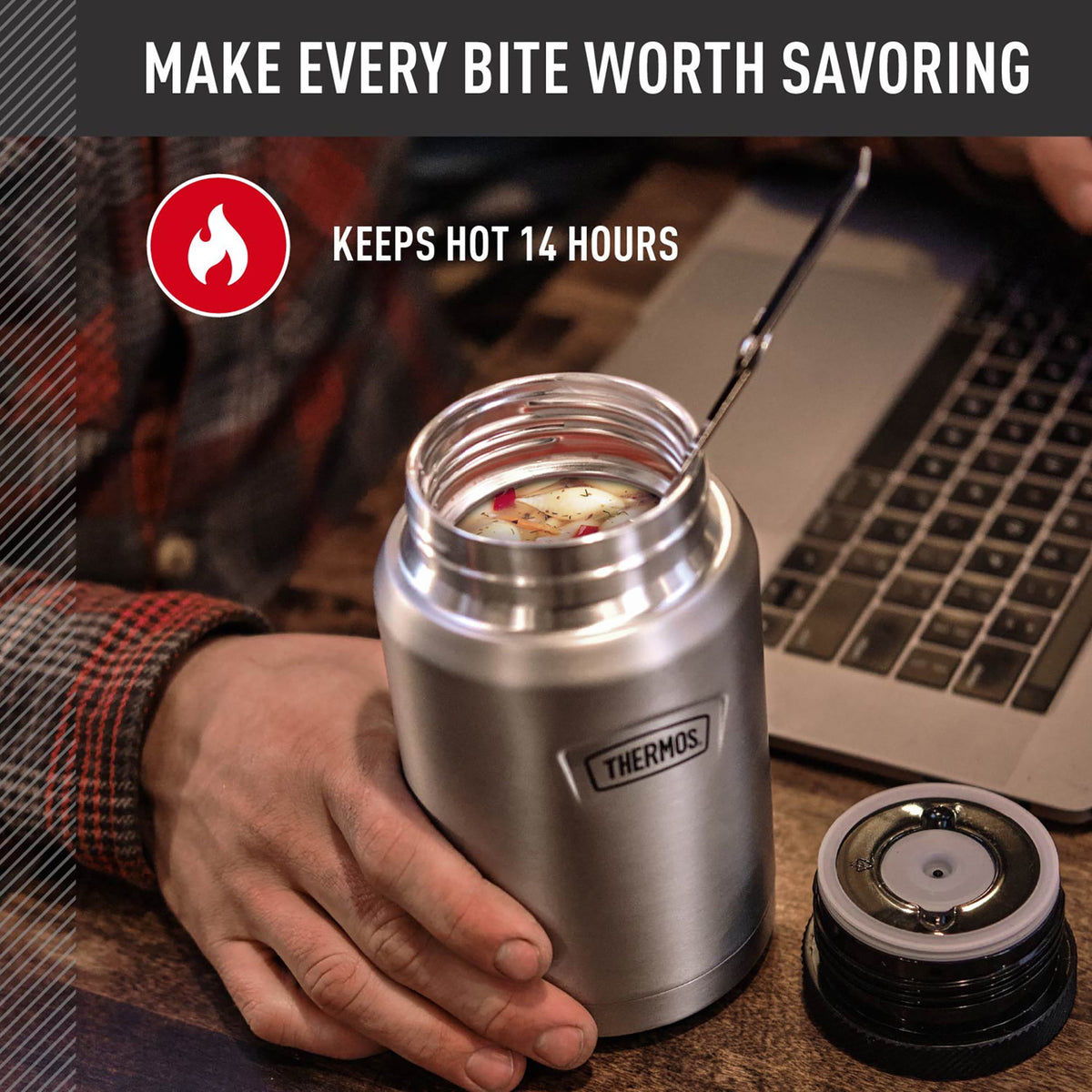 Thermos Vacuum Insulated Food Jar w/ Folding Spoon, 24oz, Matte Stainless, Well Suited to Hot or Cold Meals Away from Home, Made for Portable Food Storage