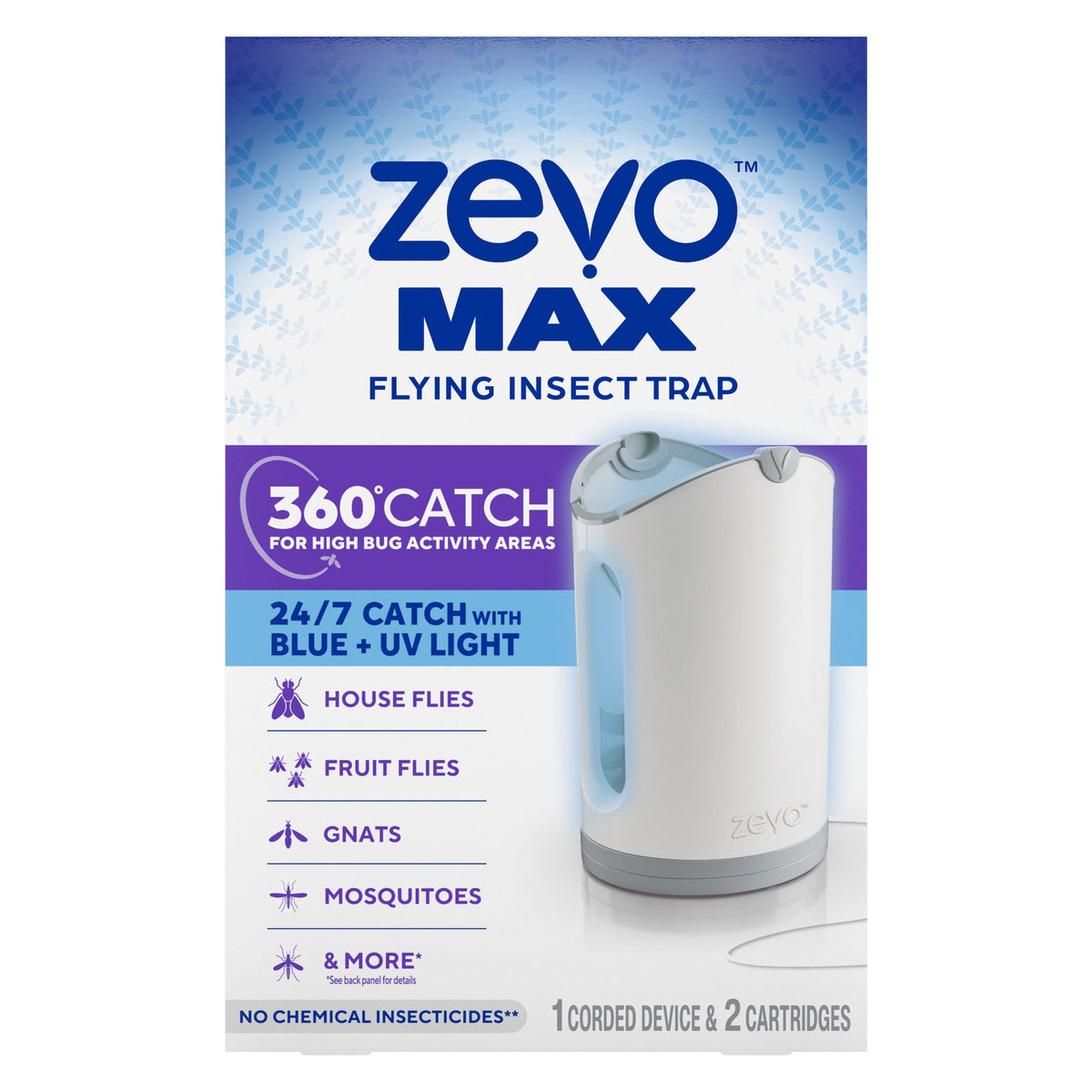 Zevo Max Flying Insect Indoor Fly Trap: Easy, Mess-Free Solution - Light Trap Catches & Kills House Flies, Fruit Flies, Gnats, & More (1 Plug in Device & 2 Cartridges)