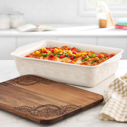The Pioneer Woman Vintage Lace 13" x 9" 6 qt Linen Ceramic Casserole Baking Dish, with Wood Lid