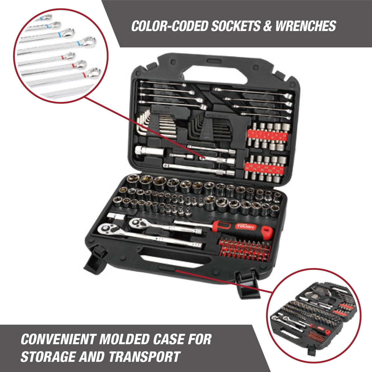 Hyper Tough 145-Piece Mechanics Tool Set, 1/4, 3/8 & 1/2-inch Drive (SAE & mm)