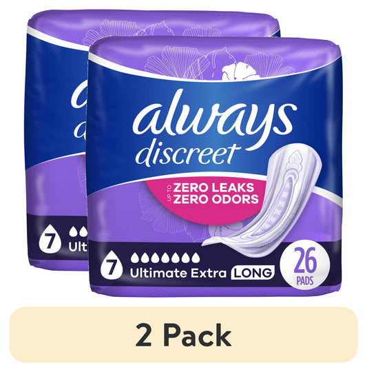 (2 pack) Always Discreet Adult Incontinence Pads for Women, Ultra Absorbent, Long Length, Postpartum Pads, 26 Count