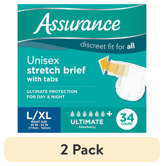 (2 pack) Assurance Unisex Stretch Briefs with Tabs, L/XL, 34 Count