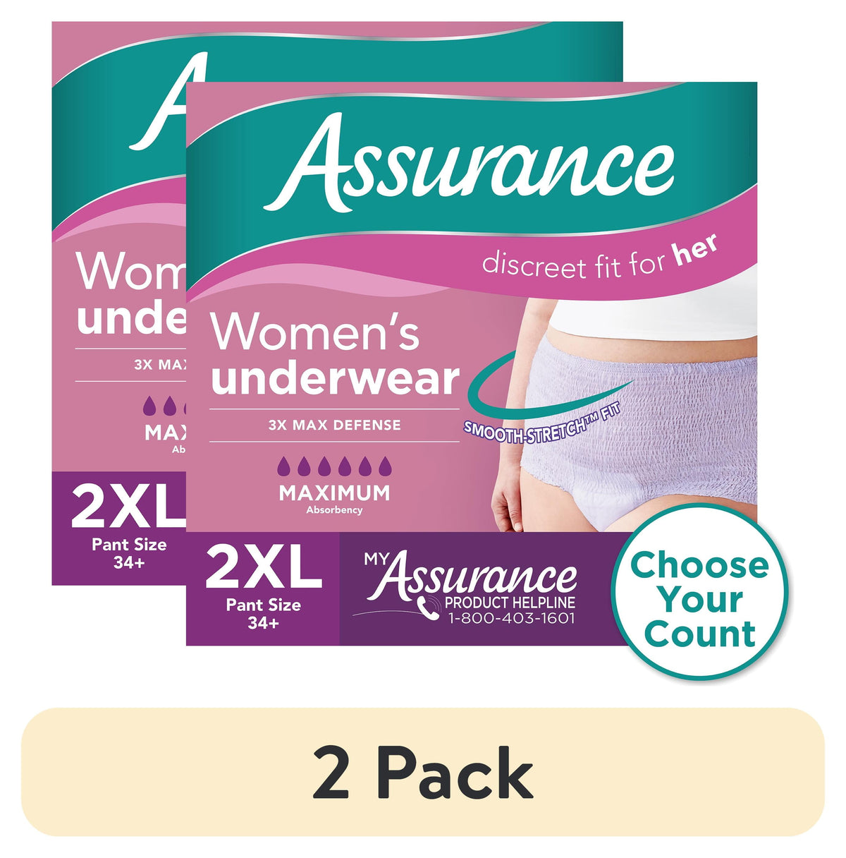 (2 pack) Assurance Women's Incontinence and Postpartum Underwear, XXL, Maximum Absorbency, 54 Count