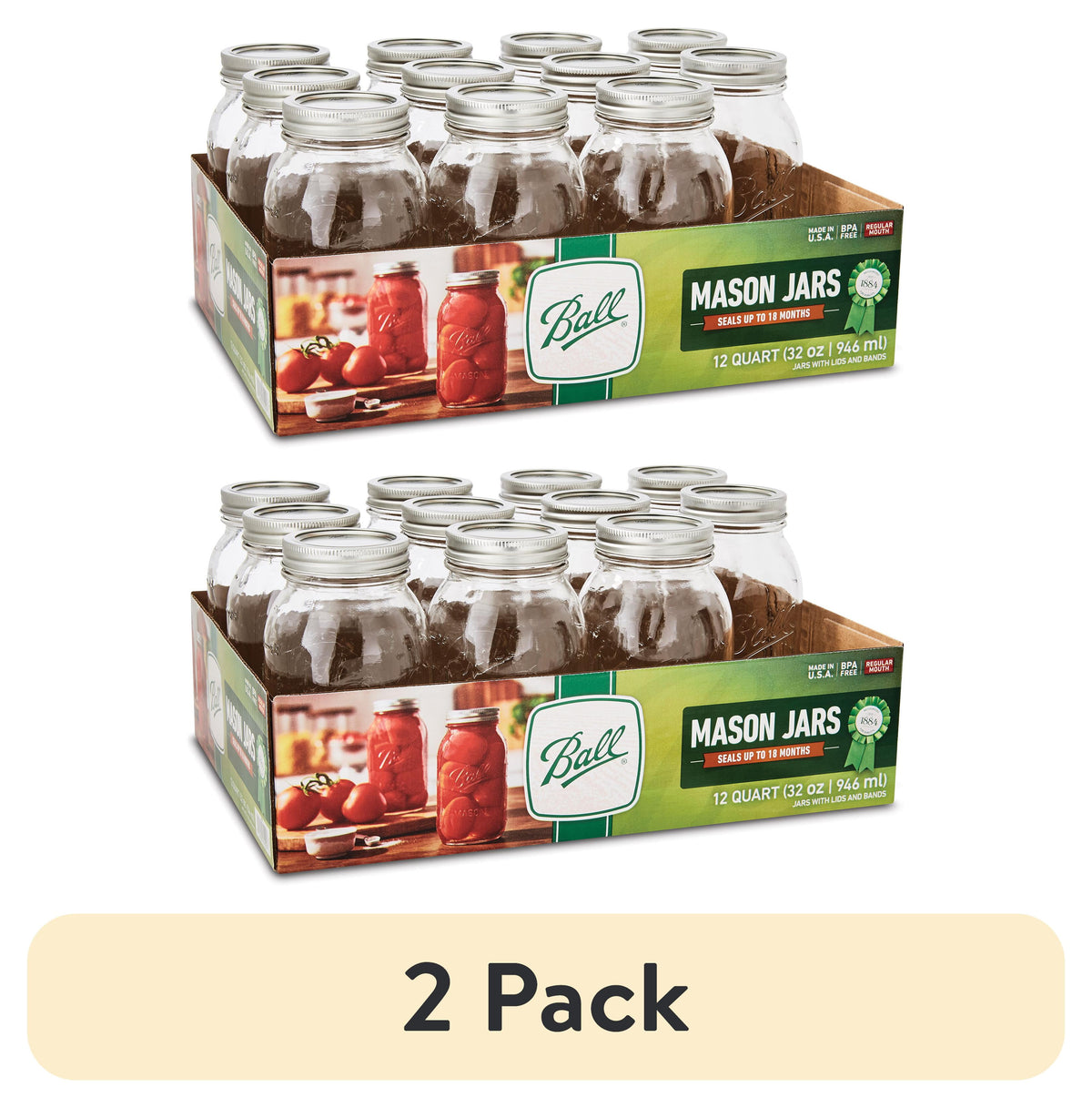 (4 pack) Ball Regular Mouth Quart 32-Oz. Glass Mason Jar with Lids and Bands, 12-Count