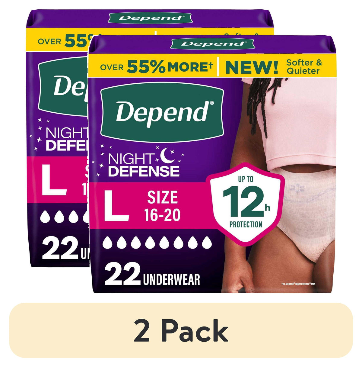 (2 pack) Depend Night Defense Incontinence Underwear for Women, Adult Diapers, L (22 Count)