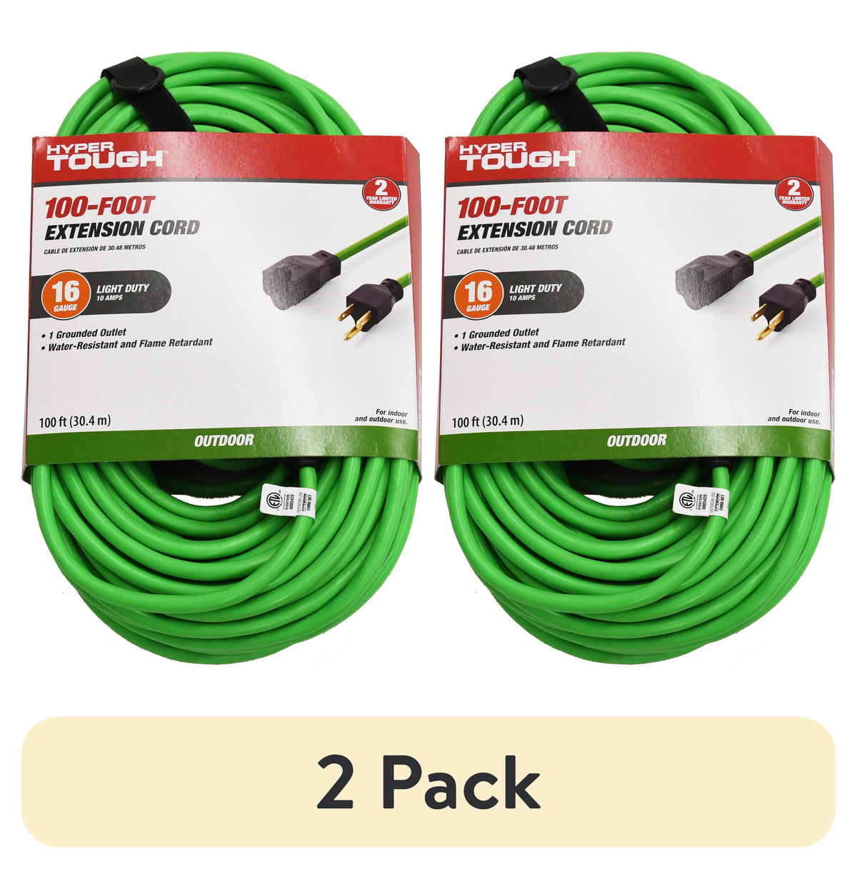 (2 pack) Hyper Tough 16 AWG 3-Conductor 100 ft Indoor/Outdoor High-Visibility Green Vinyl Extension Cord