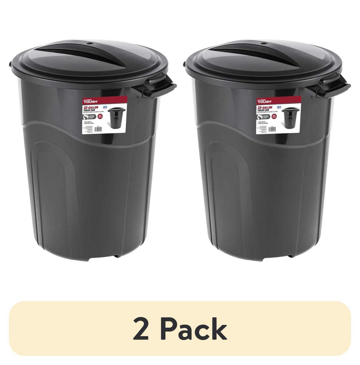 (2 pack) Hyper Tough 32 Gallon Injection Molded Plastic Trash Can with Click Lock Lid