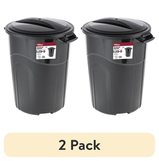 (2 pack) Hyper Tough 32 Gallon Injection Molded Plastic Trash Can with Click Lock Lid
