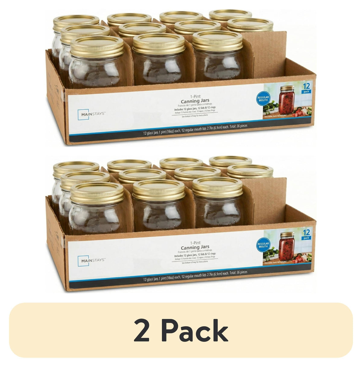 (2 pack) Mainstays Regular Mouth 16 oz Pint Mason Jars with Lids and Bands, 12-Pack Glass Canning Jars