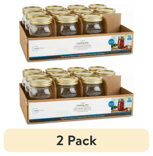 (2 pack) Mainstays Regular Mouth 16 oz Pint Mason Jars with Lids and Bands, 12-Pack Glass Canning Jars