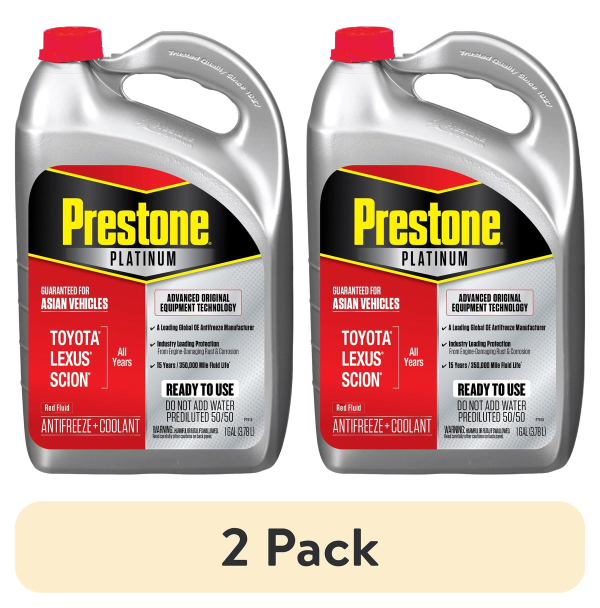 (2 pack) Prestone Platinum Asian Red Antifreeze and Coolant Prediluted 50/50 for Toyota, Lexus & Scion, 1 Gallon