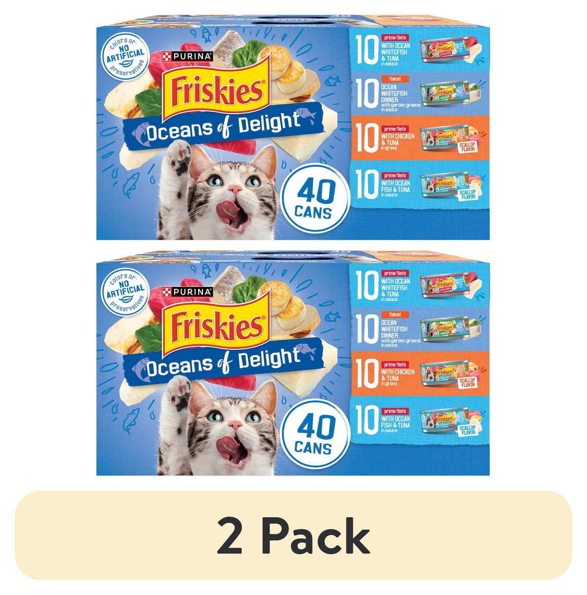 (2 pack) Purina Friskies Oceans of Delight Prime Filets & Flaked Wet Cat Food Variety Pack, 5.5 oz Cans (40 Pack)