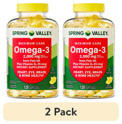 Spring Valley Maximum Care Omega-3 from Fish Oil Dietary Supplement Softgels for Eye Brain Bone & Heart Health, 2000 mg, 120 Count