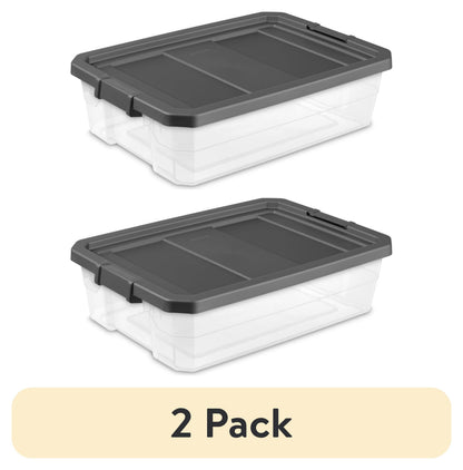 (2 pack) Sterilite 40 Quart Medium Stackable Storage Bin, Clear Plastic Underbed Storage Container with Latch Lid, Dark Gray