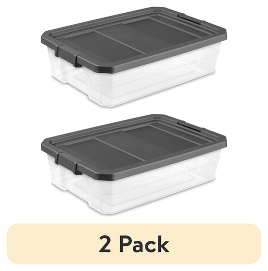 (2 pack) Sterilite 40 Quart Medium Stackable Storage Bin, Clear Plastic Underbed Storage Container with Latch Lid, Dark Gray
