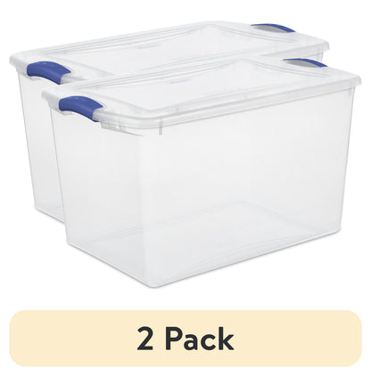 Sterilite Large Latching Storage Bin, 66 Quart Clear Plastic Storage Container with Latch Lid, Purple, 6 Pack