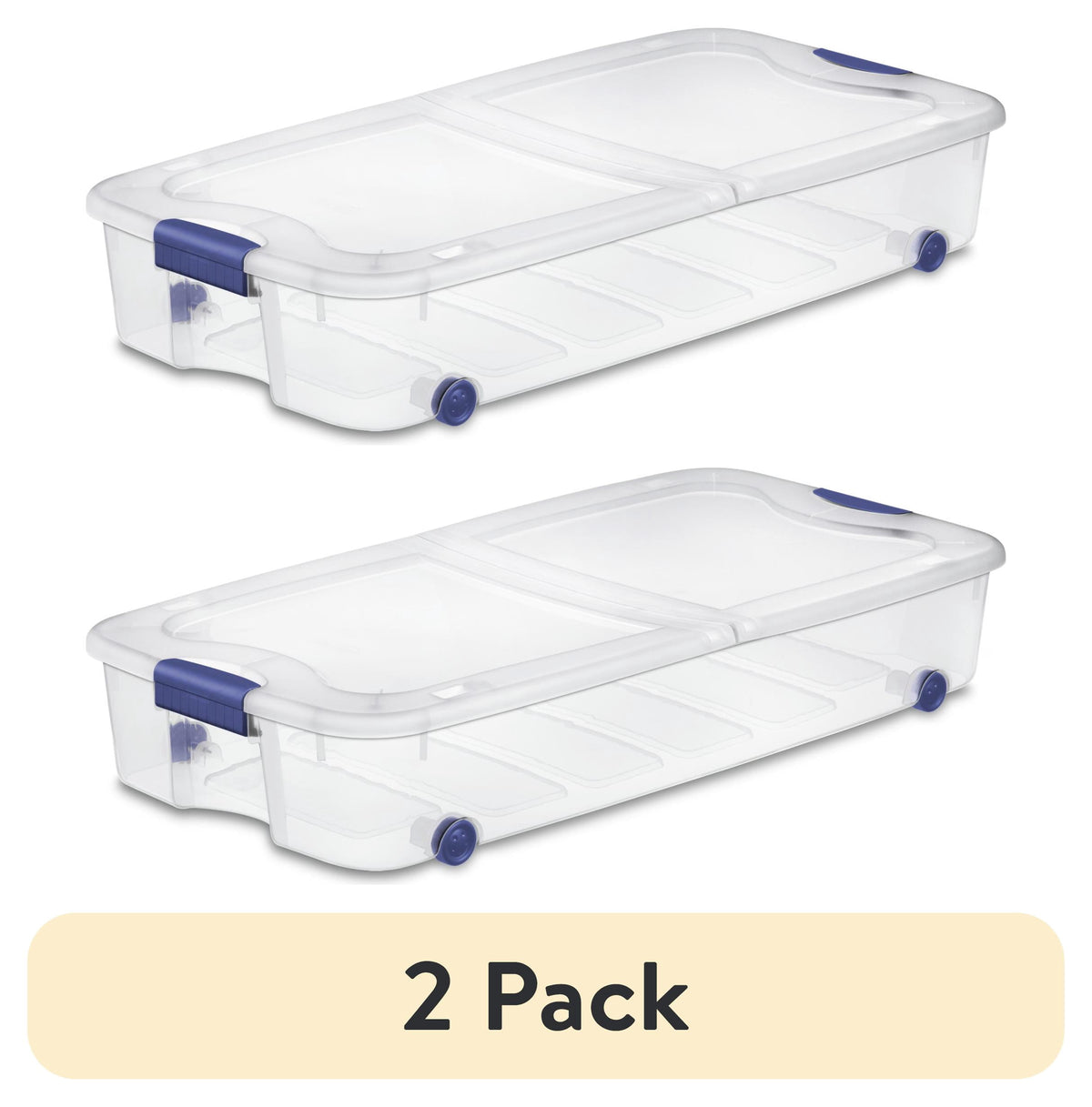 (2 pack) Sterilite 66 Quart Latching Underbed Wheeled Storage Bin, Clear Plastic Storage Container with Latch Lid, Blue