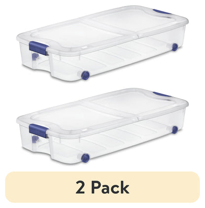 (2 pack) Sterilite 66 Quart Latching Underbed Wheeled Storage Bin, Clear Plastic Storage Container with Latch Lid, Blue