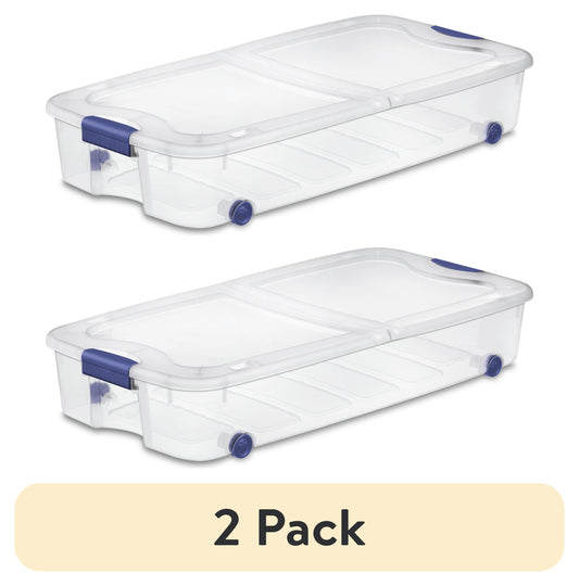 (2 pack) Sterilite 66 Quart Latching Underbed Wheeled Storage Bin, Clear Plastic Storage Container with Latch Lid, Blue