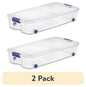 (2 pack) Sterilite 66 Quart Latching Underbed Wheeled Storage Bin, Clear Plastic Storage Container with Latch Lid, Blue