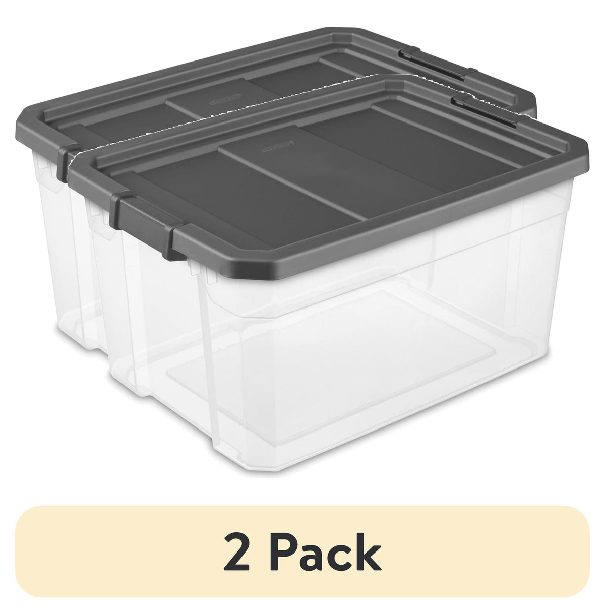 (2 pack) Sterilite 76 Quart Stacker Storage Bin, Clear Plastic Storage Container with Latch Lid, Durable, Dark Gray