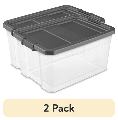 (2 pack) Sterilite 76 Quart Stacker Storage Bin, Clear Plastic Storage Container with Latch Lid, Durable, Dark Gray