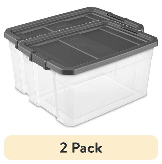 (2 pack) Sterilite 76 Quart Stacker Storage Bin, Clear Plastic Storage Container with Latch Lid, Durable, Dark Gray