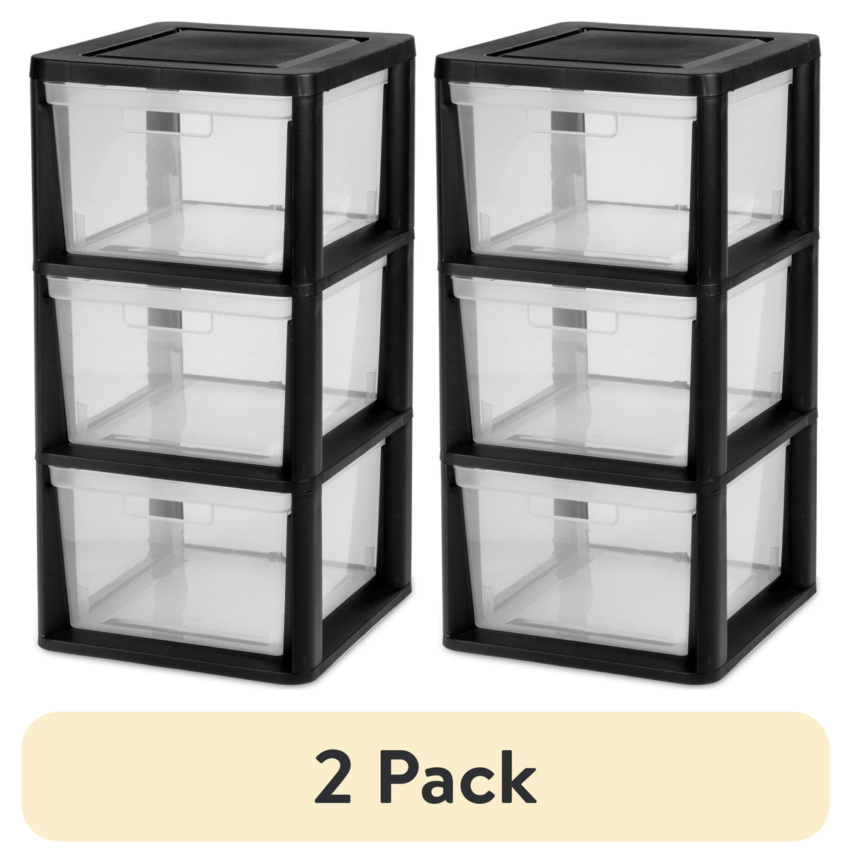 (2 pack) Sterilite 3 Drawer Tower, Plastic Storage Organizer with Removable Clear Bins, Easy Assembly, No Tools Needed, Black
