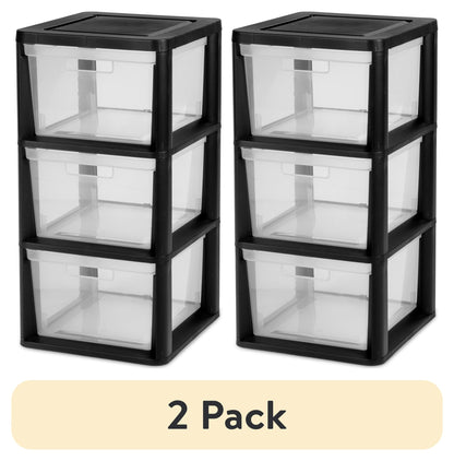 (2 pack) Sterilite 3 Drawer Tower, Plastic Storage Organizer with Removable Clear Bins, Easy Assembly, No Tools Needed, Black