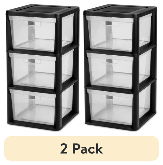 (2 pack) Sterilite 3 Drawer Tower, Plastic Storage Organizer with Removable Clear Bins, Easy Assembly, No Tools Needed, Black