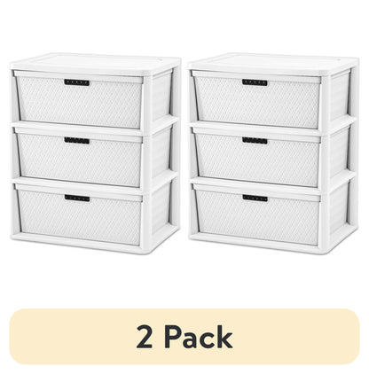 (2 pack) Sterilite Wide 3 Drawer Tower, Plastic Storage Organizer with Removable Decorative Bins, Easy Assembly, No Tools Needed, Brown