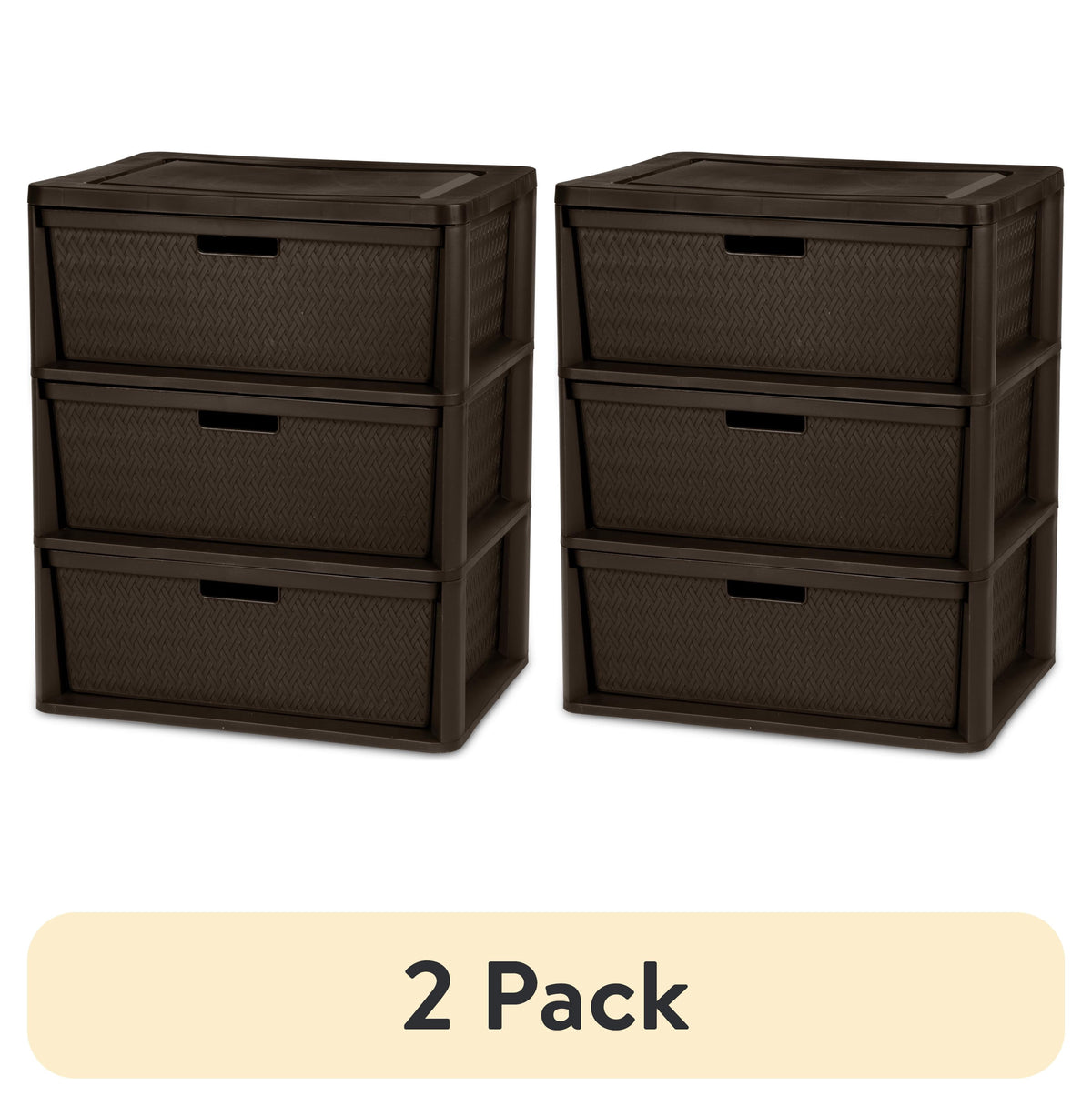 (2 pack) Sterilite Wide 3 Drawer Tower, Plastic Storage Organizer with Removable Decorative Bins, Easy Assembly, No Tools Needed, Brown