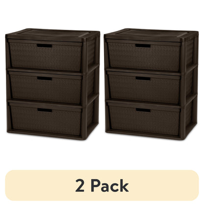 (2 pack) Sterilite Wide 3 Drawer Tower, Plastic Storage Organizer with Removable Decorative Bins, Easy Assembly, No Tools Needed, Brown