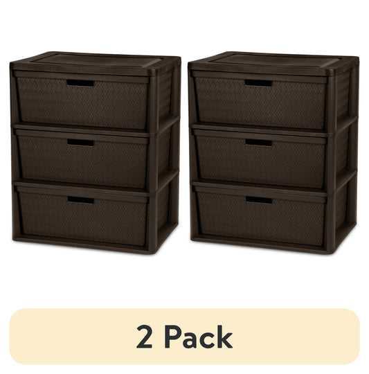 (2 pack) Sterilite Wide 3 Drawer Tower, Plastic Storage Organizer with Removable Decorative Bins, Easy Assembly, No Tools Needed, Brown