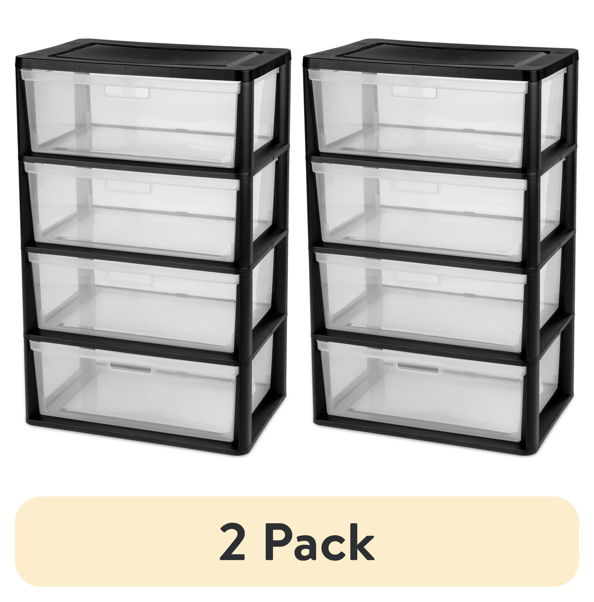 (2 pack) Sterilite Wide 4 Drawer Tower, Plastic Storage Organizer with Removable Clear Bins, Easy Assembly, No Tools Needed, Black