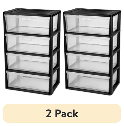 (2 pack) Sterilite Wide 4 Drawer Tower, Plastic Storage Organizer with Removable Clear Bins, Easy Assembly, No Tools Needed, Black