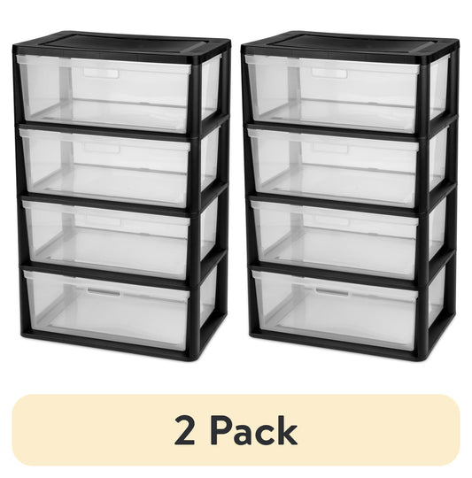 (2 pack) Sterilite Wide 4 Drawer Tower, Plastic Storage Organizer with Removable Clear Bins, Easy Assembly, No Tools Needed, Black