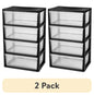 (2 pack) Sterilite Wide 4 Drawer Tower, Plastic Storage Organizer with Removable Clear Bins, Easy Assembly, No Tools Needed, Black