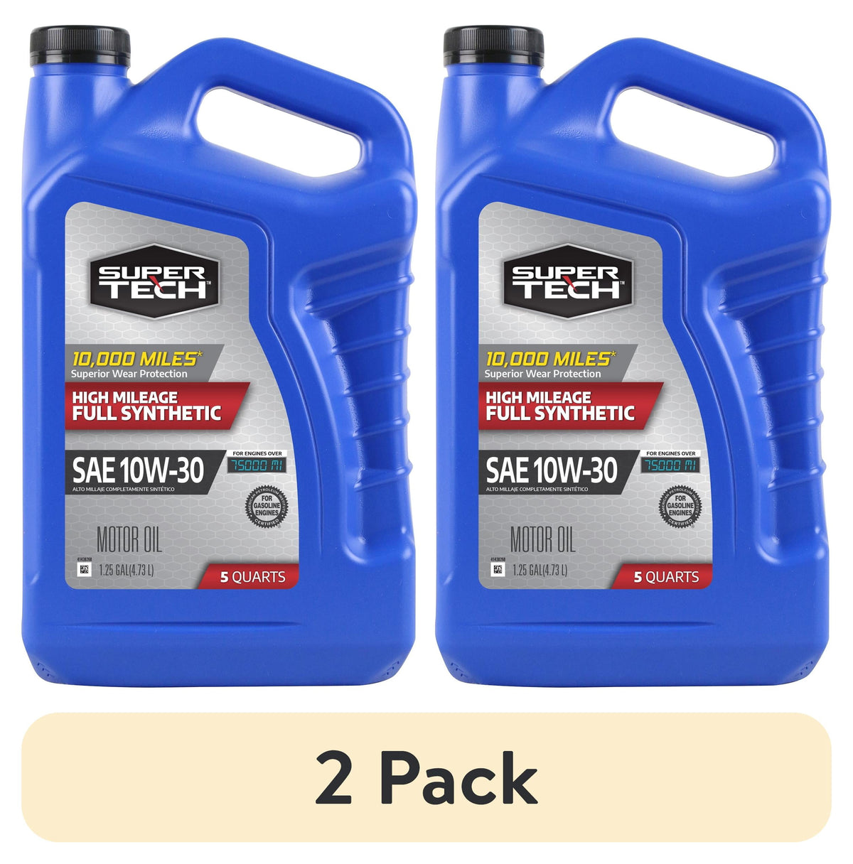 (2 pack) Super Tech High Mileage Full Synthetic SAE 10W-30 Motor Oil, 5 Quarts